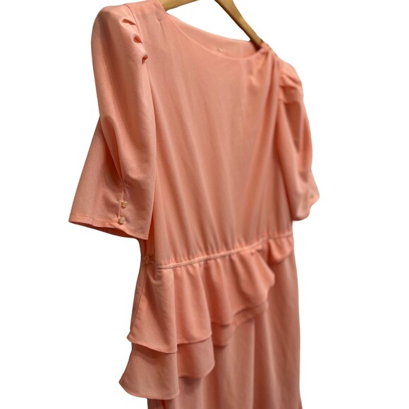 Vintage 80s‎ Peplum Party Dress Peach Pink Short Sleeves Buttons Wedding Retro S - Picture 13 of 14